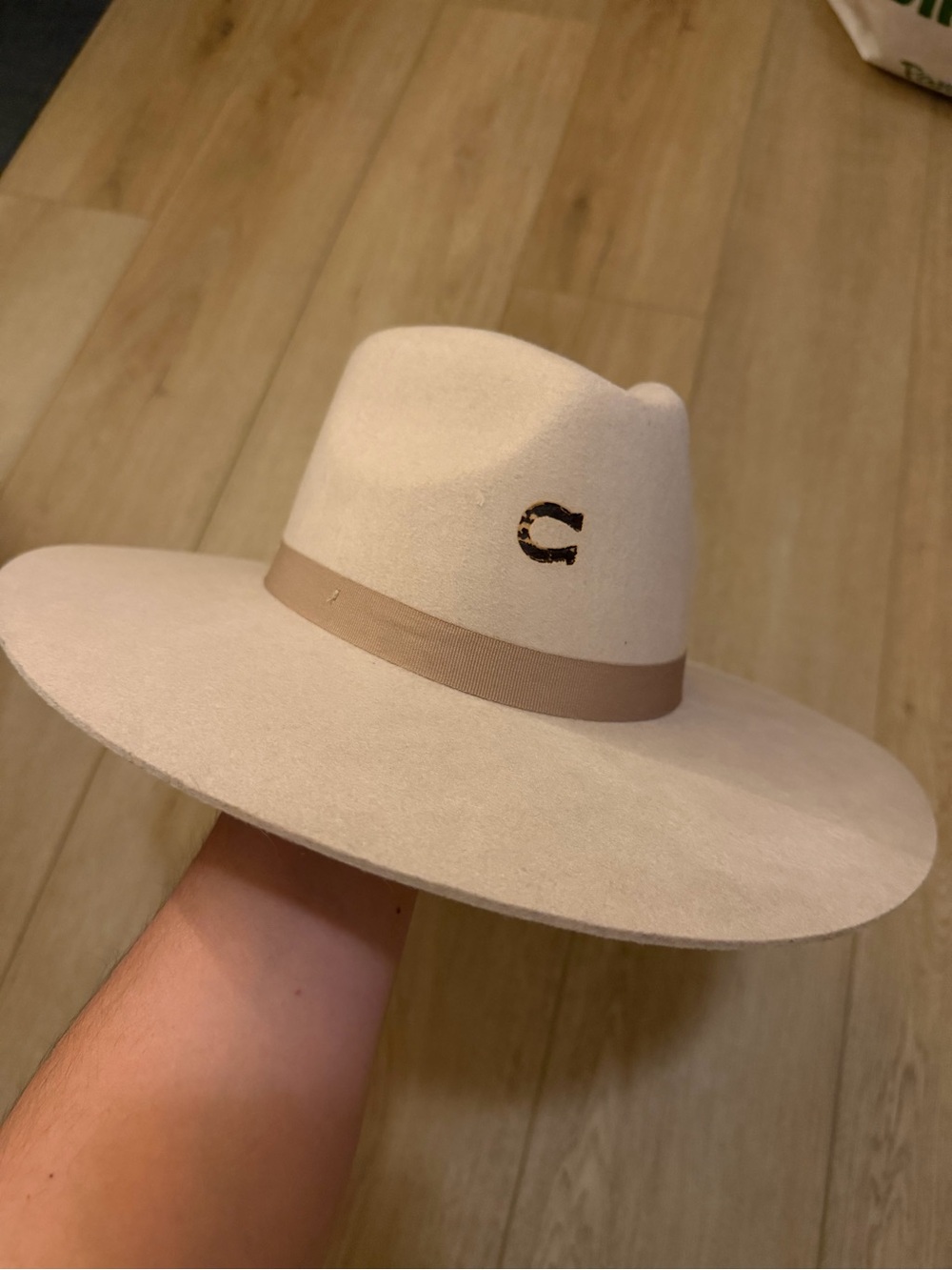Charlie 1 Horse Beige Wide-Brim Wool Felt Hat with Ribbon Sz M